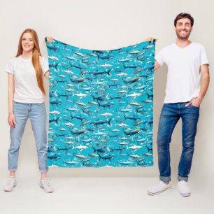 Hajar och sjöliv på Sea Blue Fleecefilt