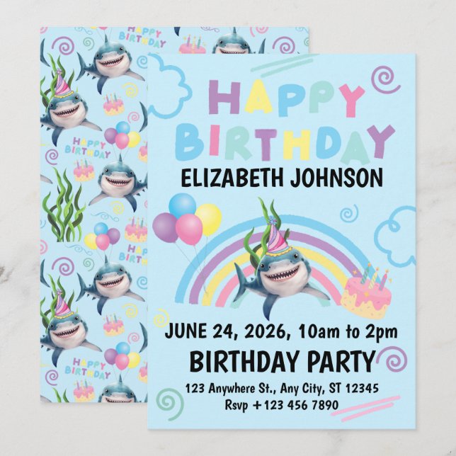 Hajfödelsedagsinbjudan i Blå Inbjudningar (Fram/baksida)