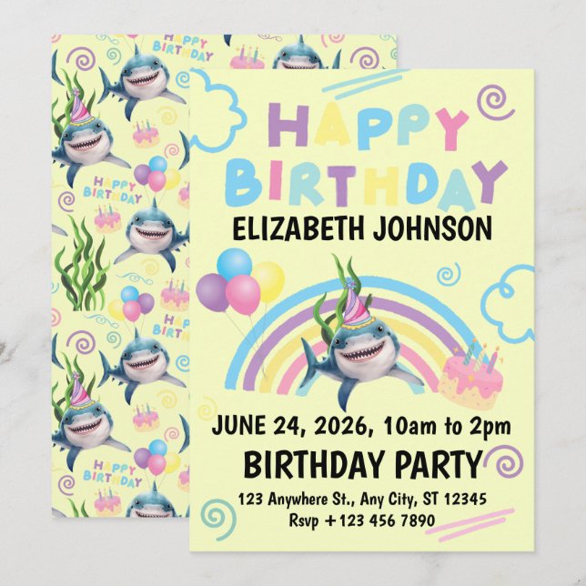 Hajfödelsedagsinbjudan i gult inbjudningar (Fram/baksida)