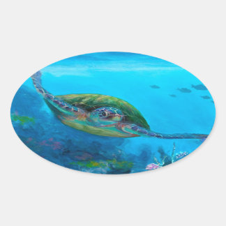 Hajisk Grönt Havssköldpadda Tropical Fish Reef Ovalt Klistermärke