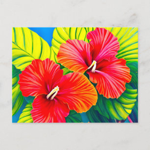 Hajiska hibiscus röda blommor med grönt löv vykort