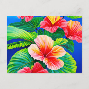 Hajiska hibiscus tropiska rödblommor och grönt vykort