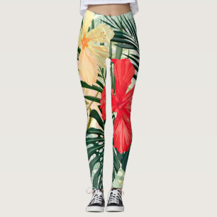 Hajiska tropiska växter, färgstarka blommor. leggings