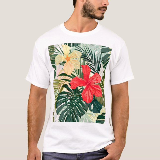 Hajiska tropiska växter, färgstarka blommor. t shirt (Framsida)