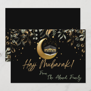 Hajj Mubarak med Black med guld & grönt löv Anteckningskort