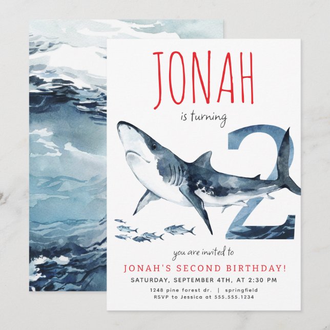 Hajs andra födelsedagsinbjudan inbjudningar (Fram/baksida)