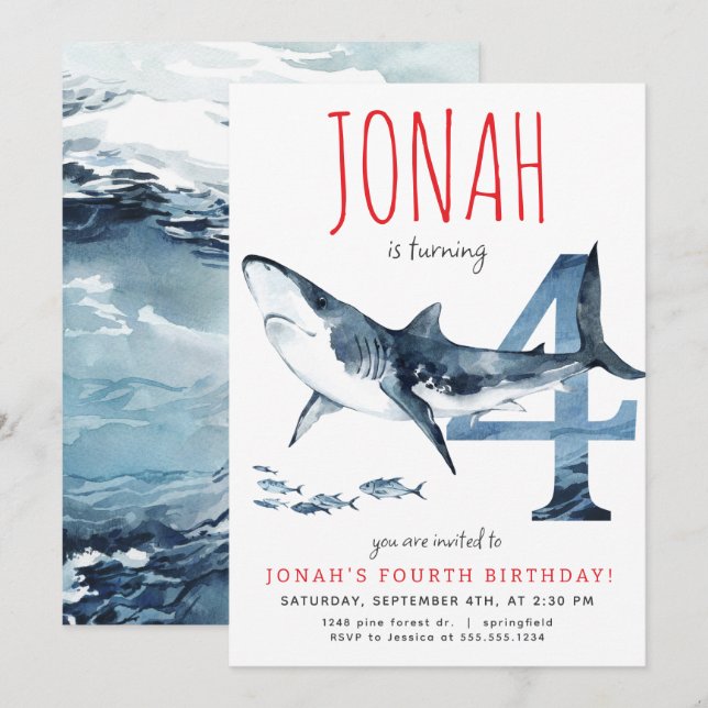 Hajs fjärde födelsedagsinbjudan inbjudningar (Fram/baksida)