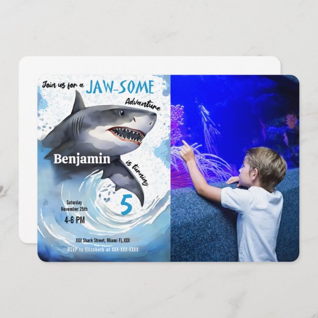 Hajs Födelsedagsfest Photo Inbjudningar (Fram/baksida)