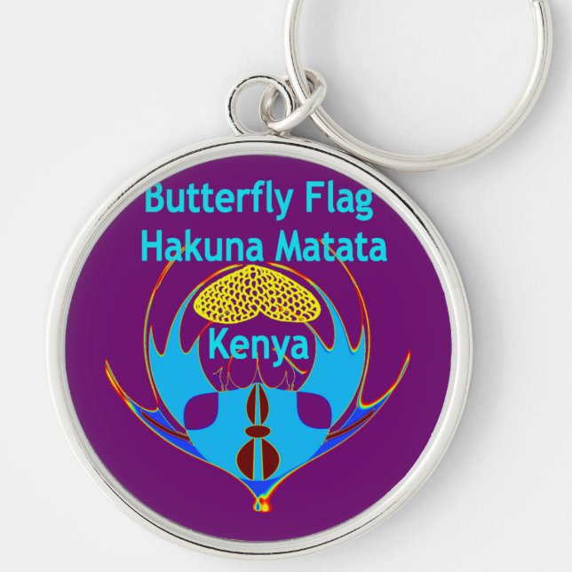 "Hakuna Matata Kenya" Fjärilskunsttryck/Grafik Rund Silverfärgad Nyckelring (Framsidan)
