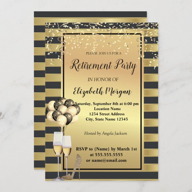 Hål,Glas,Bubblor,Guld Rand Pension Party Inbjudningar (Fram/baksida)