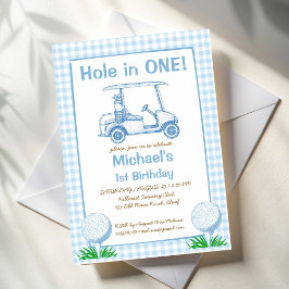 Hål i en blå gingham golf 1:a födelsedag party inbjudningar