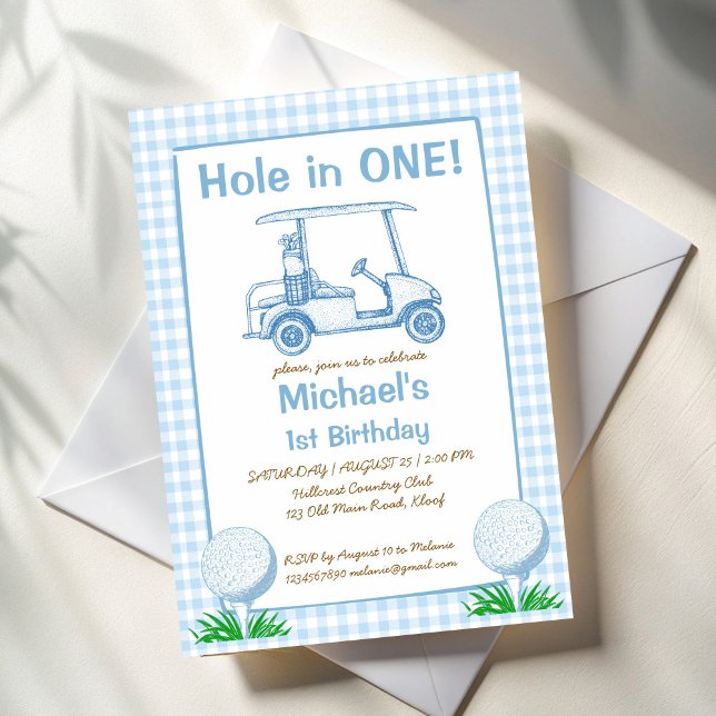Hål i en blå gingham golf 1:a födelsedag party inbjudningar (Hole in one pastel blue gingham golf 1st birthday party invitation template sports boys birthday)