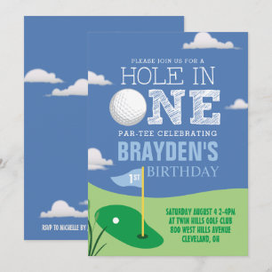 Hål i en blå Golf Theme Boys första födelsedag Inbjudningar