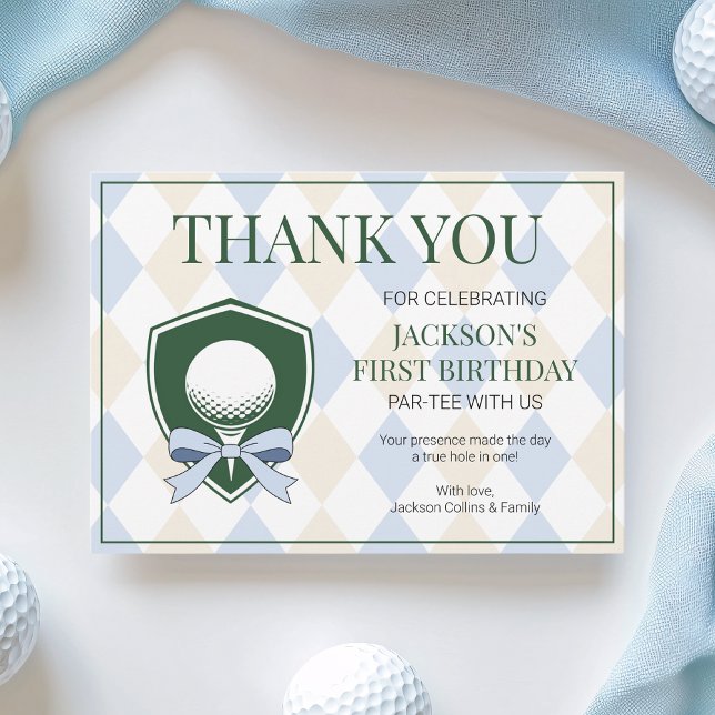 Hål i en blå golfboja, modern 1:a födelsedag tack kort (Hole In One Blue Golf Boys Modern 1st Birthday Thank You Card)