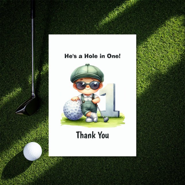 Hål i en Golf 1:a födelsedag Tack Kort (Hole in One Golf 1st Birthday Thank You Card)