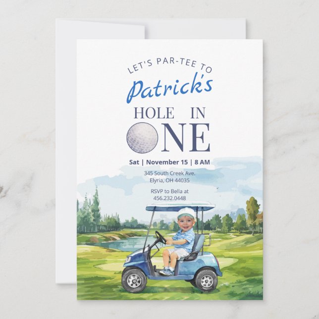 Hål i en Golf 1:a födelsedagsinbjudan till foto Inbjudningar (Framsida)