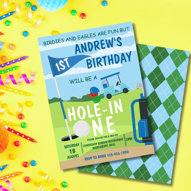 Hål i en golf Boy 1:a födelsedagspartiet Inbjudningar (Cute golf theme invite for baby girl's 1st birthday – perfect for a hole in one party!)