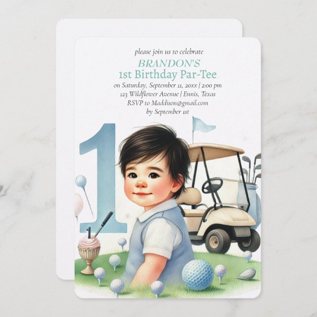 Hål i en golf Boy 1st Birthday Par-Tee Inbjudningar (Fram/baksida)