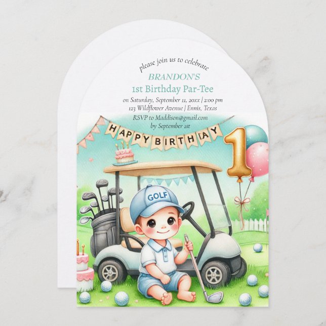 Hål i en golf Boy 1st Birthday Par-Tee Inbjudningar (Fram/baksida)