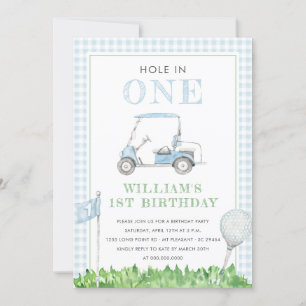 Hål i en golf Boy Birthday Blue Gingham Inbjudningar