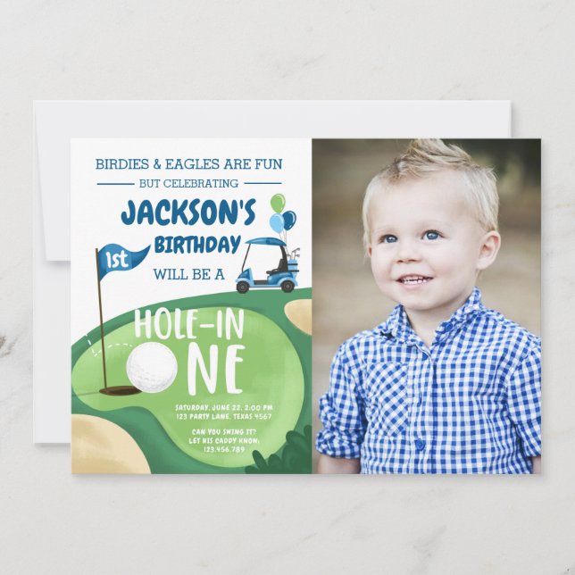 Hål i en golf Boy First Birthday Par-Tee Invita Inbjudningar (Framsida)