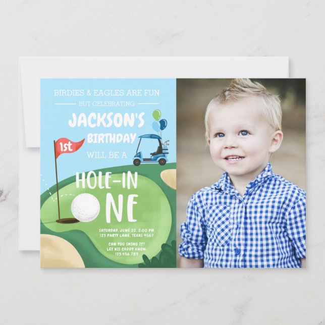Hål i en golf Boy First Birthday Par-Tee Invita Inbjudningar (Framsida)