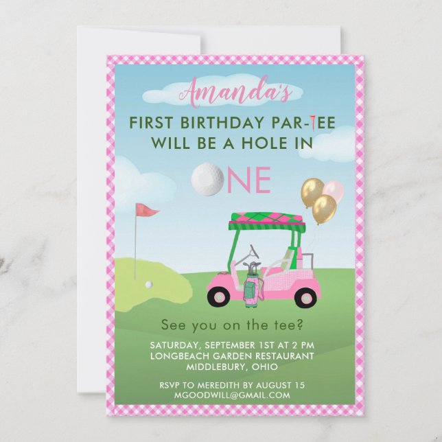 Hål i en Golf Rosa Girl First Birthday Inbjudningar (Framsida)