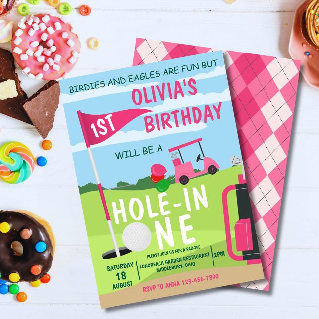 Hål i en golfflicka 1:a födelsedagspartiet inbjudningar (Cute golf theme invite for baby boy's 1st birthday – perfect for a hole in one party!)