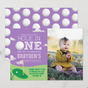 Hål i en Lila Golf Theme Girls första födelsedag Inbjudningar