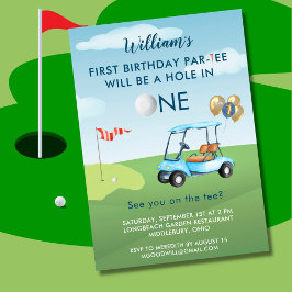 Hål i en pojke Golf Cart Par-T 1:a födelsedagen Inbjudningar