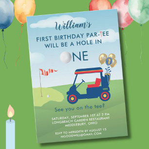 Hål i en pojke Golf Cart Par-T 1:a födelsedagen Inbjudningar