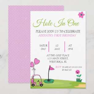 Hål I en Rosa Girl Golf 1st Birthday Inbjudningar