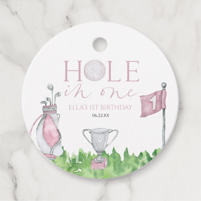 Hål i en Rosa Golf 1:a födelsedag Party Gåvor Etiketter (Framsida)