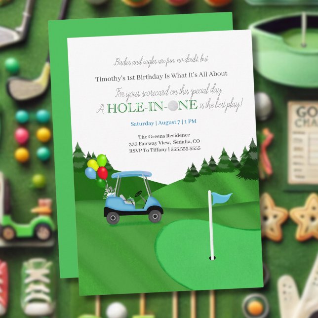 Hål-i-ett Blå Golfvagn 1-årsdag  Inbjudningar (Skapare uppladdad)