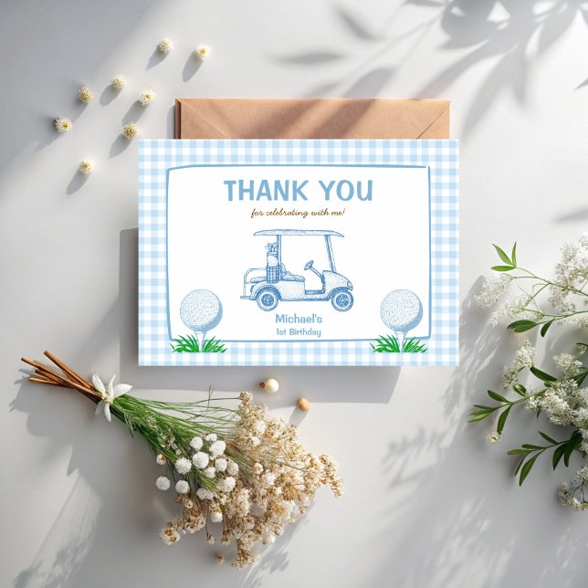 Hål i ett blått rutigt golf 1-års födelsedagsfest tack kort (Hole in one blue gingham golf 1st birthday party thank you cards golf party supplies)