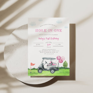 Hål-i-ett-Rosa Golf 1:a födelsedagsinbjudan Inbjudningar