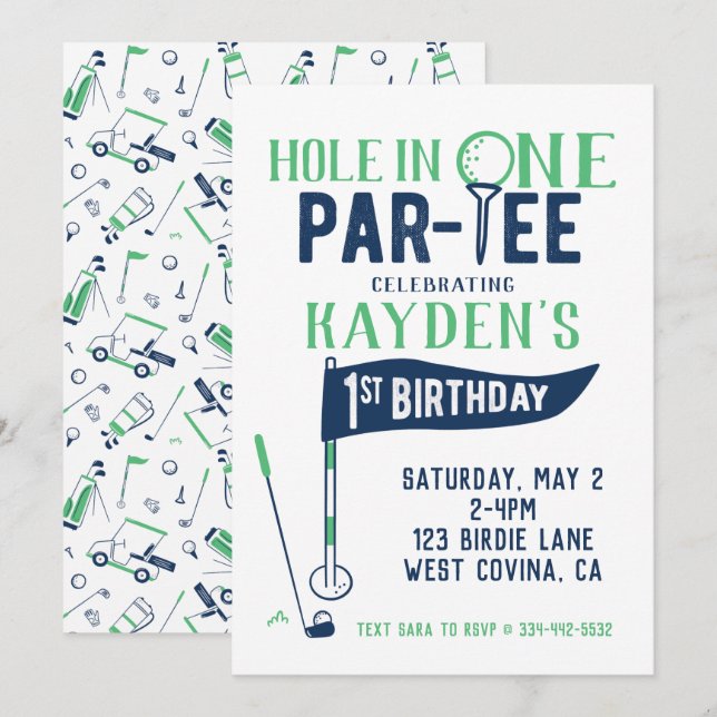Hål i One Doodle Golf First Birthday-inbjudan Inbjudningar (Fram/baksida)