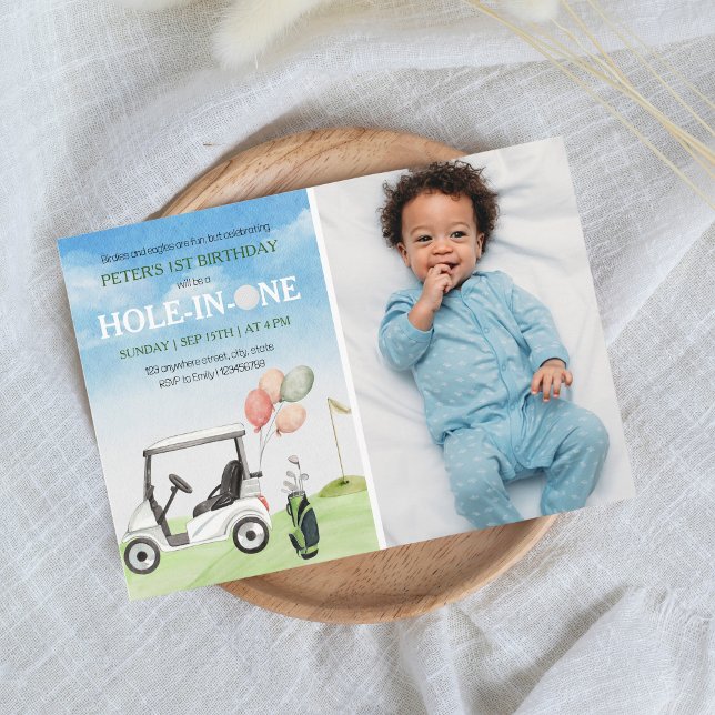 Hål i ONE Golf 1:a födelsedagsfoto Inbjudningar (Hole in ONE first birthday invitation)