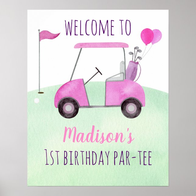 Hål på ett Rosa välkomnande av Golf Birthday Par Poster (Framsidan)