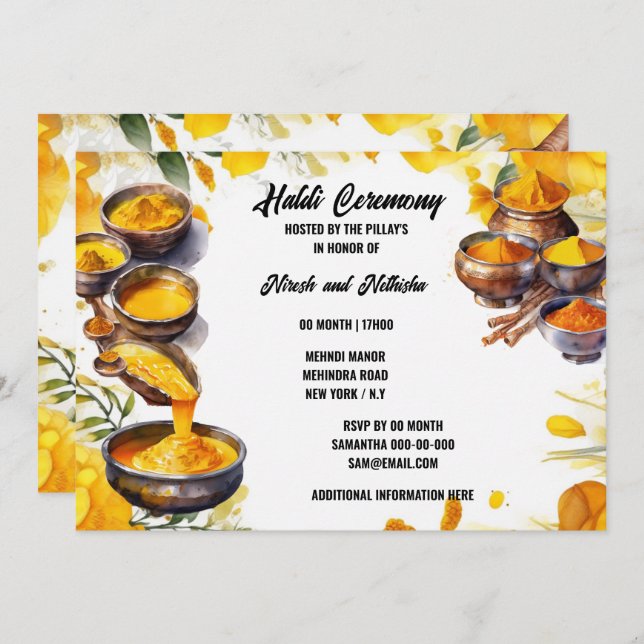 Haladi spice ceremoni Indiska traditionella bröllo Inbjudningar (Fram/baksida)