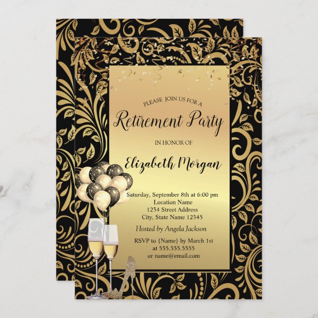 Hålar,Bubblor,Guld Swirls Pension Party Inbjudningar (Fram/baksida)