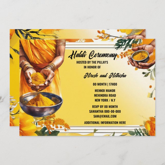 Haldi ceremony blommigt turmeric händer blommor inbjudningar (Fram/baksida)