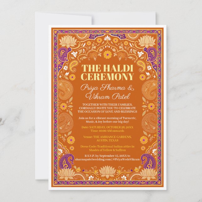 Haldi-funktion Invitation Orange Lila Blommig Inbjudningar (Framsida)