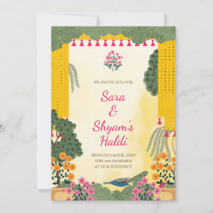 Haldi-inbjudan Påfågel Marigold Blomsterträdgård Inbjudningar