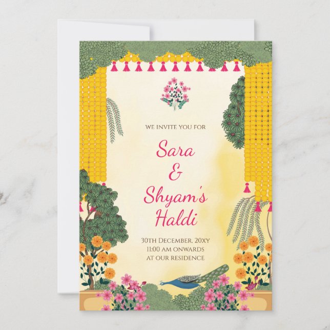 Haldi-inbjudan | Påfågel Marigold Blomsterträdgård Inbjudningar (Framsida)