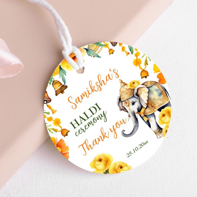 Haldi Indian bröllop elephant gula blommor föredra Gåvor Etiketter (Haldi Indian wedding ornate elephant favor gift thank you gift tags modern watercolor elephant)