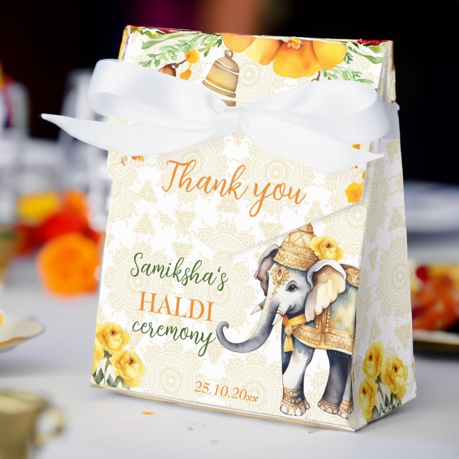 Haldi Indian bröllop elephant gula blommor föredra Presentaskar (Haldi Indian wedding cute decorated elephant yellow flowers favors personalized  Favor Box)