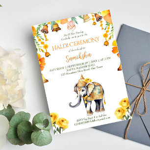 Haldi Indian bröllop elephant gula blommor Inbjudningar