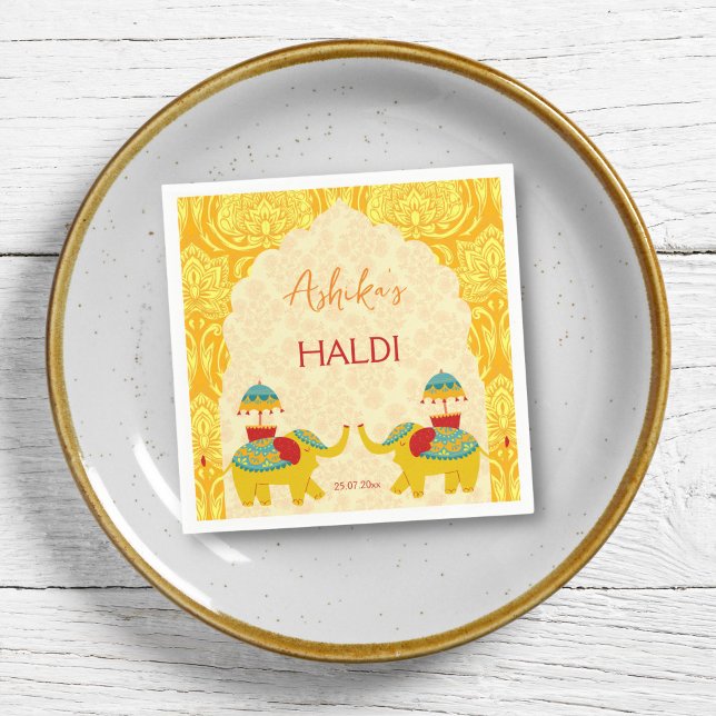 Haldi Indian bröllop elephants gult Pappersservett (Haldi napkins yellow jolly Indian wedding cute elephants arch border yellow pattern background)