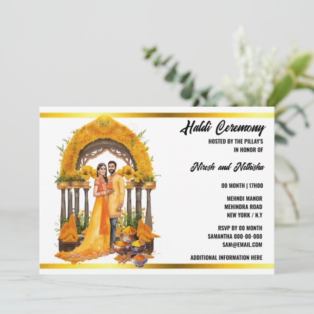 Haldi indian water color ceremony turmeric blommig inbjudningar (Stående Fram)